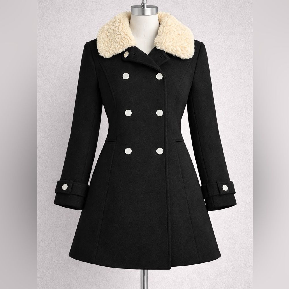 Karl Lagerfeld Paris Black Wool Coat Faux Shearling Collar Double Breasted Sz 8.